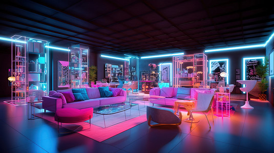 物联网背景图片_家具展示室的 3D 插图，配有沙发餐桌椅子和霓虹灯