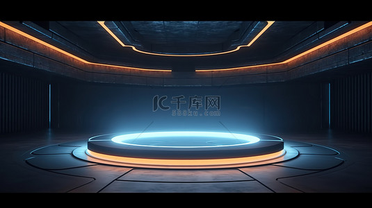 未来派混凝土房间，带有发光霓虹灯空间讲台和 3D 渲染中的科幻背景