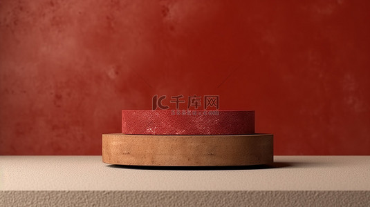 红色中背景图片_3D 渲染中具有粗糙几何混凝土背景的简约红色木制产品展示台