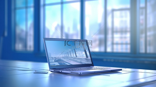 蓝色办公室场景背景上笔记本电脑的 3D 插图