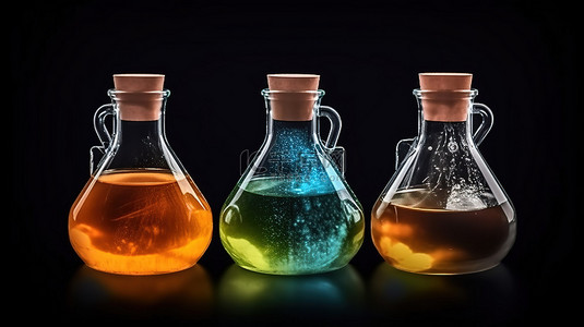 黑色背景下实验室玻璃烧瓶中化学液体的 3D 渲染