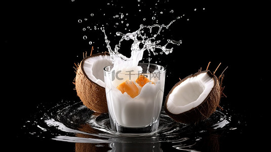 水背景图片_黑色背景上新鲜椰子的椰子汁的 3D 渲染