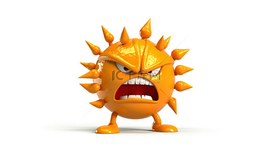 卡通天气卡通形象背景图片_愤怒的 3D 卡通太阳，穿着愤怒的表情，作为白色背景上的孤立表情符号