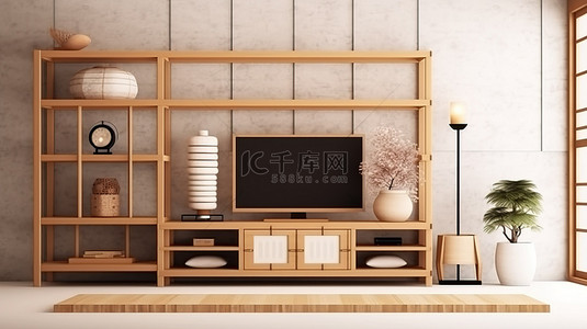 家具背景图片_日式客厅，配有时尚的电视柜和 3D 渲染显示器