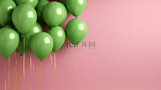 充满活力的绿色气球簇拥在精致的粉红色墙壁上水平横幅 3D 渲染