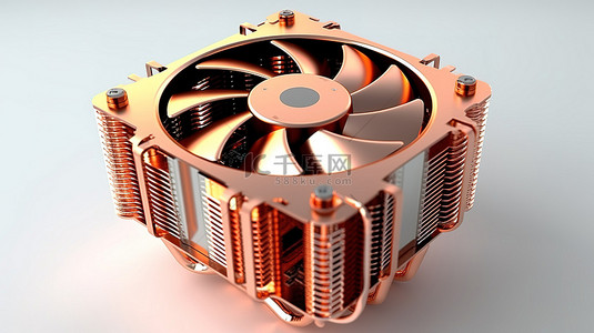 带风扇的铜翅片 CPU 散热器的 3D 渲染，可实现高效冷却