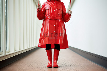 一个女人穿着红色雨衣和雨靴