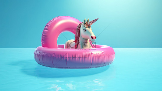 粉色独角兽背景图片_异想天开的粉色独角兽泳池戒指，在蓝色背景 3D 渲染上采用双色调设计，带来夏日乐趣