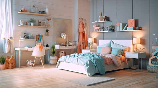 适合青少年的时尚卧室静修处 可爱的设计，3D 呈现的充满活力的触感