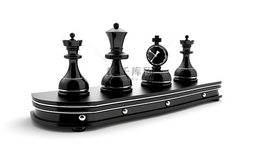 干净的白色背景 3D 渲染上优雅的黑色机械国际象棋时钟计时器