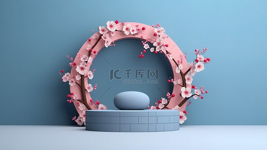 蓝色背景上盛开樱花和中国灯笼的几何讲台的 3D 渲染