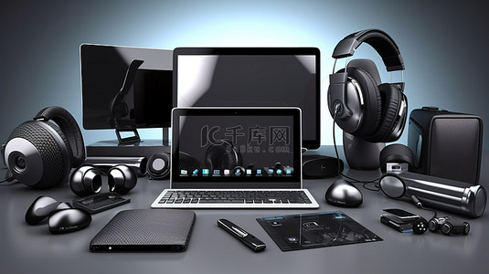 基本技术计算机设备和办公设备的集合，包括手机显示器笔记本电脑打印机相机耳机和平板电脑 3D 插图