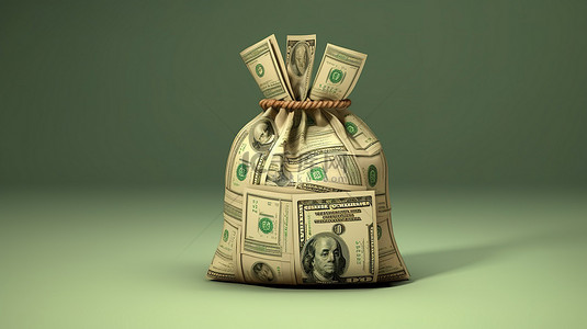 金钱符号图标背景图片_以美元符号和金融图标为特色的钱袋 3D 插图