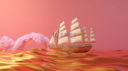 粉红色和金色波浪和阳光背景下航行的船舶的 3D 渲染