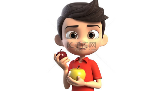 水果卡通男孩背景图片_快乐的青少年 3d 卡通人物享受苹果