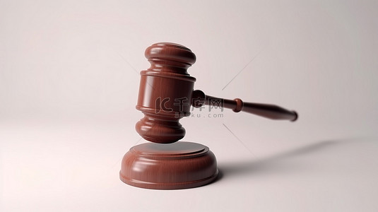 白色背景上 3D 渲染的简约棕色木槌图标，代表司法仲裁和法院判决概念