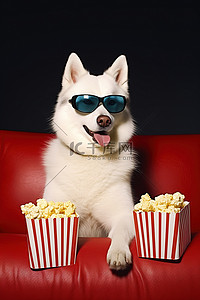 戴眼镜的眼镜背景图片_一只戴着 3D 眼镜的狗坐在爆米花上