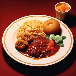 沙拉背景图片_一盘带有意大利面条和意大利面条肉汁的食物