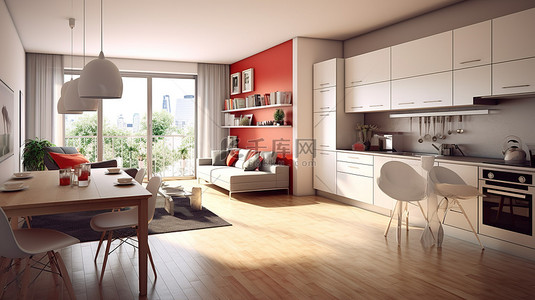 厨房一角背景图片_带厨房和用餐区的开放式概念公寓设计的现代 3D 渲染