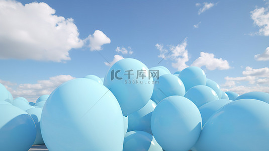 儿童背景可爱背景图片_柔和的蓝色气球漂浮在 3D 渲染的卡通天空中
