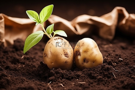 地上有泥土和纸的马铃薯幼苗