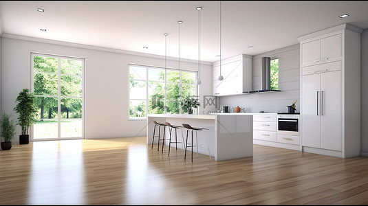 现代厨房空间配有干净的白色家具和木地板 3D 渲染