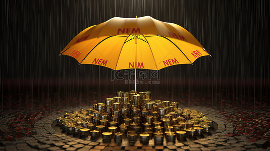 伞下丰富的财富 3d 孤立的 nem 硬币雨加密插图