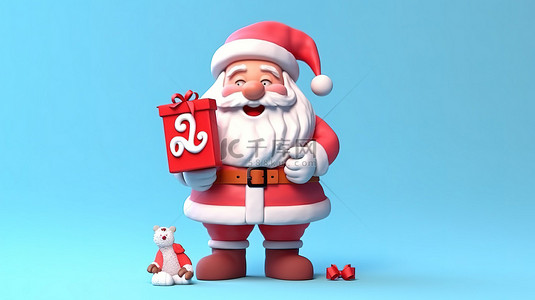 快乐的圣诞老人拿着一张大明信片作为圣诞问候，非常适合卡片横幅和标签 3D 卡通插图