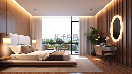木质桌背景图片_简约的卧室装饰，带有木质装饰，3D 渲染