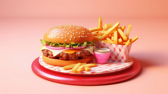 汉堡背景图片_粉色 3D 盘子上的美味汉堡和脆薯条，带剪贴板