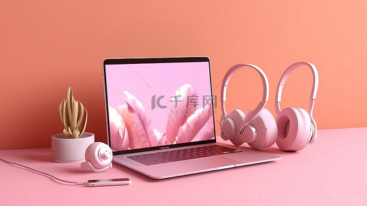 耳机笔记本电脑和智能手机的 3D 渲染，带有粉红色背景的模型屏幕