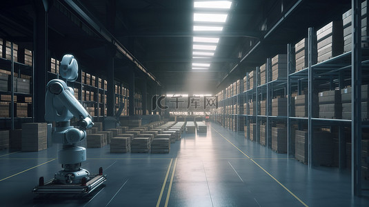 仓库背景图片_机器人仓库机器人 自动化工厂运营的 3D 渲染