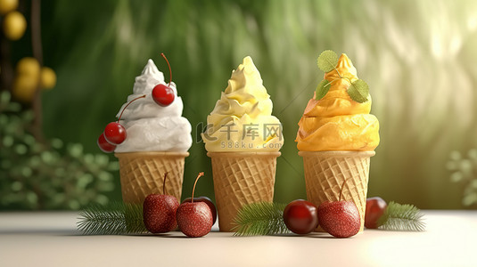 椰子柠檬水森林水果和苹果口味的美味 3D 渲染冰淇淋甜筒