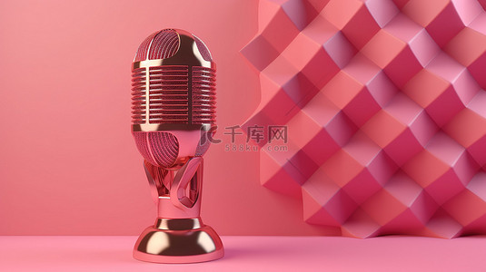 复古粉色麦克风，3D 插图，彩色背景，非常适合音乐颁奖卡拉 OK 之夜广播和录音室