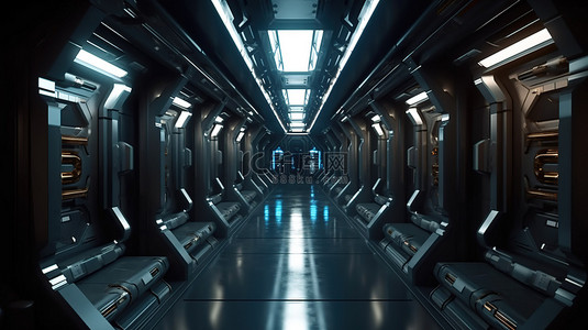未来派 3D 渲染中光滑而阴暗的太空飞船走廊