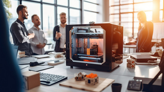 创新未来背景图片_展示高端 3D 打印机，同事们在后台愉快地交谈
