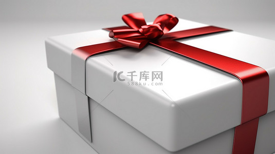 红丝带装饰特写 3D 渲染白色礼品盒，非常适合圣诞礼物