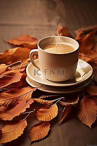 棕色的叶子和一杯咖啡