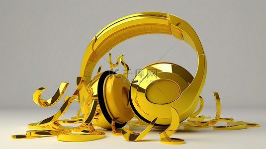 以黄色音符和耳机为中心的 3d 音乐概念