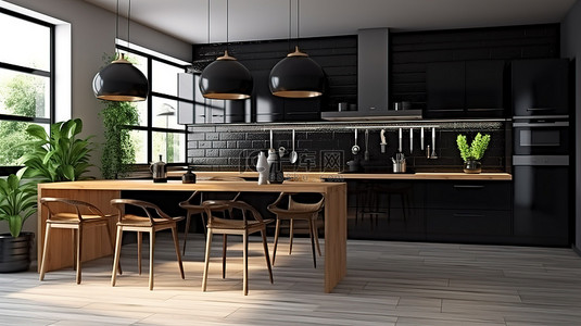 漂亮的瓷砖背景图片_华丽的斯堪的纳维亚厨房，配有醒目的黑色瓷砖 d Cor，3D 渲染