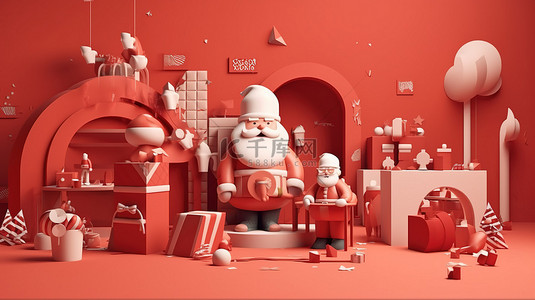 红色卡通圣诞节背景图片_节日圣诞节场景壮举圣诞老人和朋友在红色背景 3D 渲染
