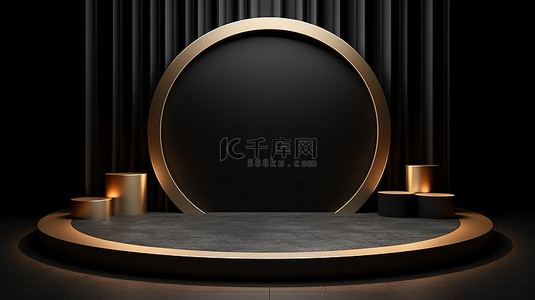 黑色和金色讲台舞台的豪华 3D 渲染，用于在深色背景上展示高端产品