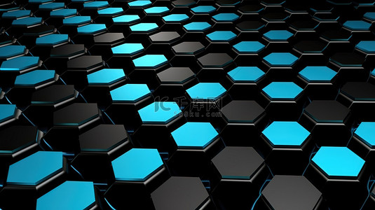 科技感背景黑背景图片_3D 渲染的黑色和蓝色色调的六边形图案