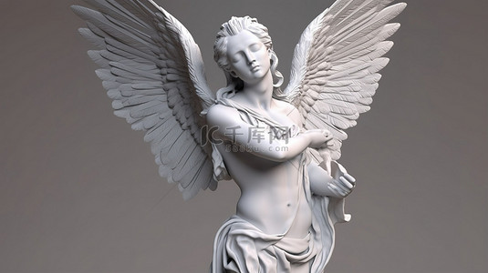 雕刻的天使形象，有光泽的白色饰面和雄伟的翅膀