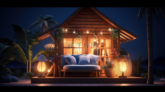 放松休闲背景图片_木屋背景，在 3D 休闲休息室享受宁静的夜间逃离