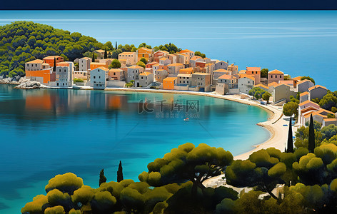 欧洲小镇背景图片_mljet 小镇和美丽大海的形象