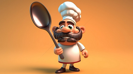 拿着大勺子的厨师的 3D 卡通插图