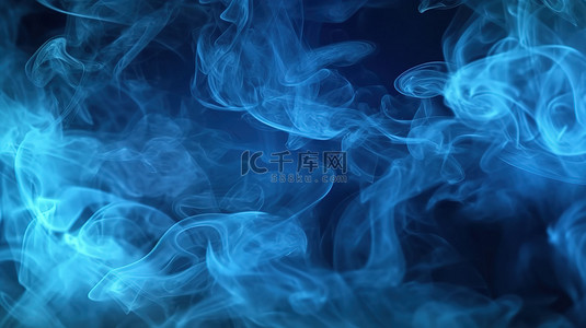雾蒙蒙的蓝色烟雾在漆黑的背景下翱翔在天空 3D 插图