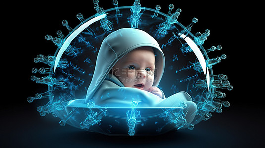 具有 3D 渲染防护和分散的冠状病毒细胞的屏蔽婴儿概念