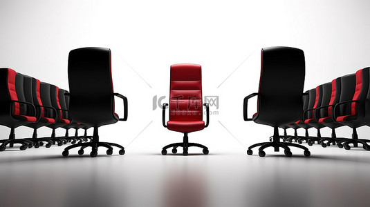 抖脚的老板背景图片_白色背景，红色皮革老板领导椅的 3D 渲染，周围环绕着黑色办公椅